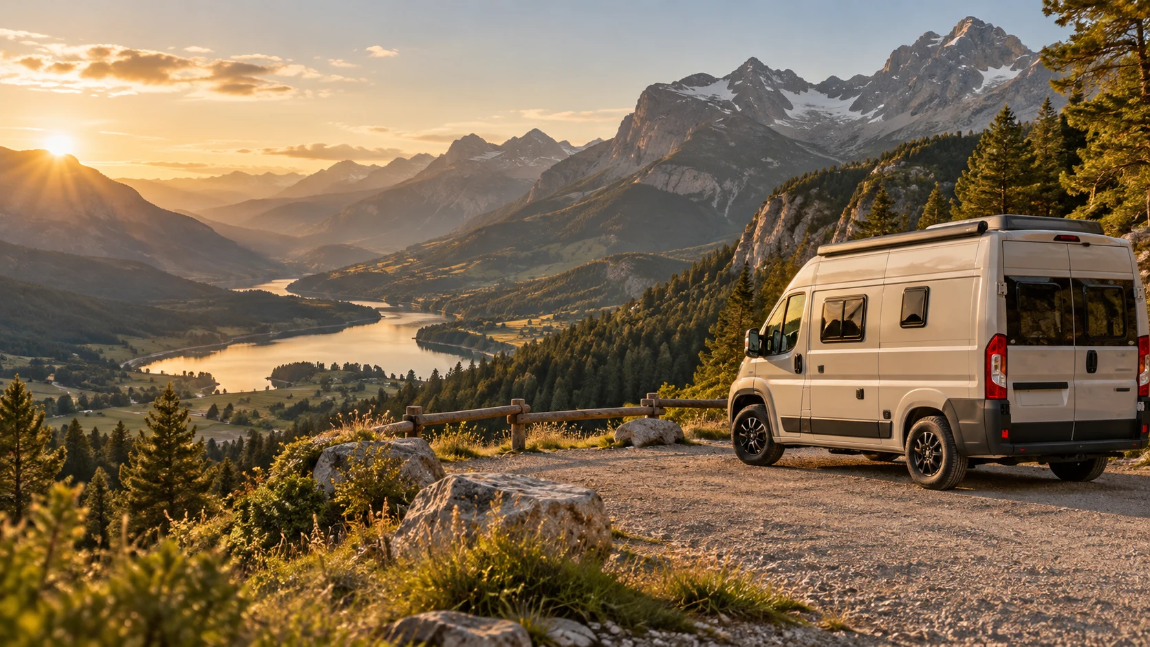 Una camper en un mirador de montaña al atardecer